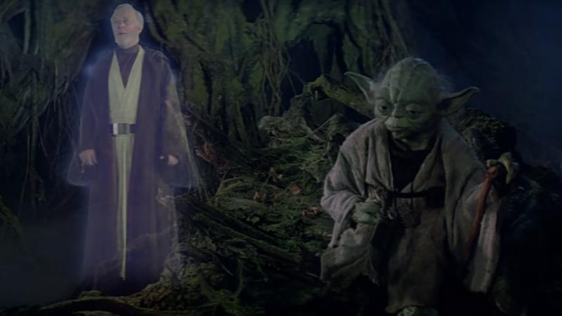 Obi-Wan Kenobi as a force ghost talking to Yoda