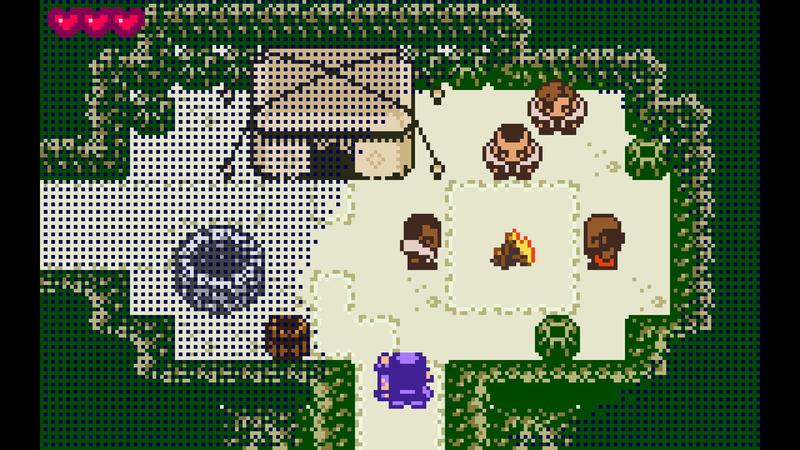 Screenshot from Ratcheteer DX, showing a GBC-style cave with four pixelated characters finding warmth around a fire.