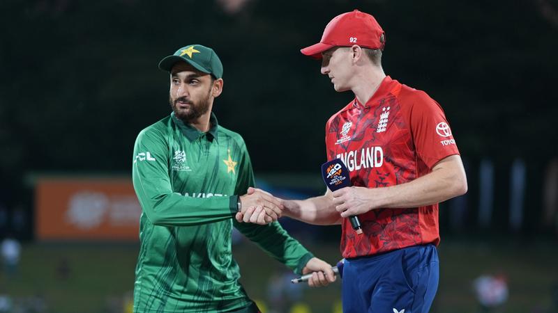 Harry Brook of England and Salman Ali Agha of Pakistan interact ahead of the ICC Men's T20 World Cup India & Sri Lanka 2026 Super 8 match