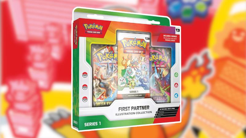 Pokemon First Partner Illustration Collection Series 1 box against a colorful background with a Charmander, statues, and other items from the original video games