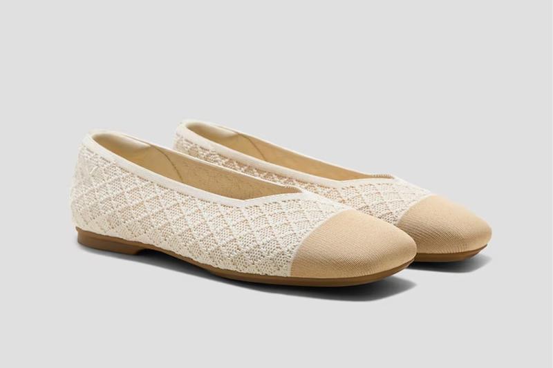 A pair of beige knit ballet flats with a diamond pattern and solid toe cap.
