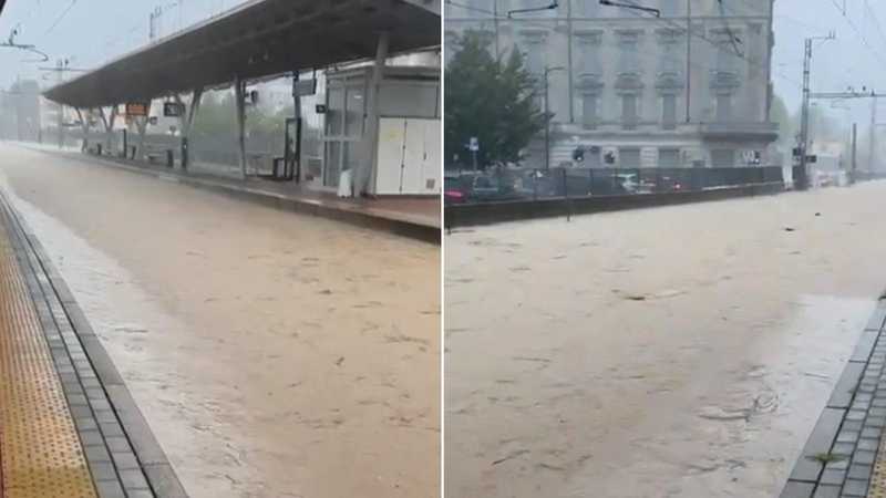 La stazione di Meda sommersa dall'acqua: i binari diventano il letto di un fiume in piena