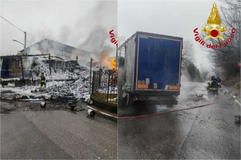 Incendio di camion in via Schianno a Varese: carico di plastica distrutto