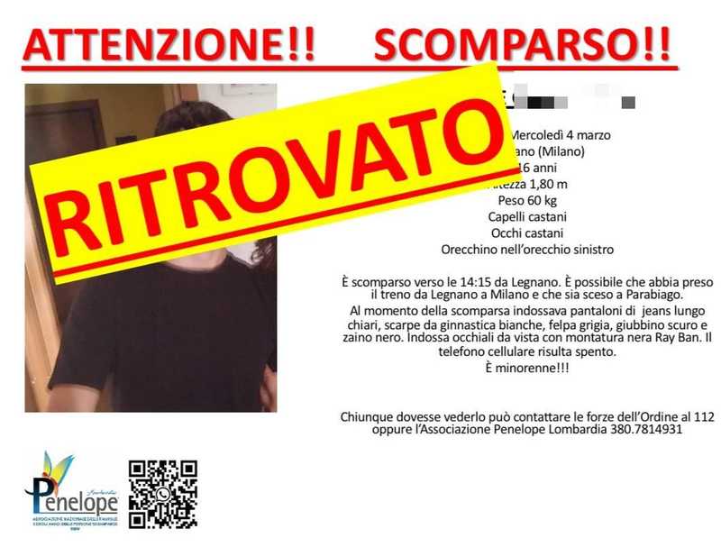 Ritrovato Giuseppe, 16 anni, scomparso